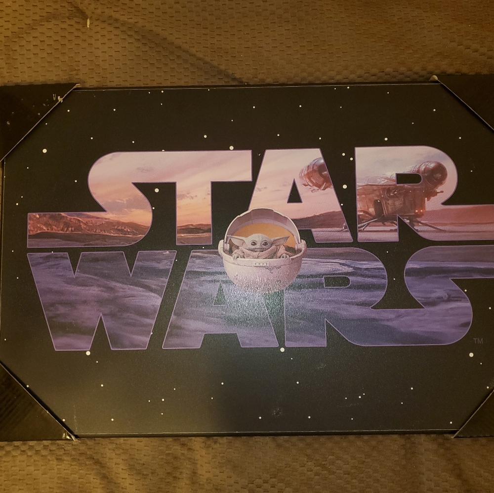 Wooden Print of Star Wars logo with Baby Yoda